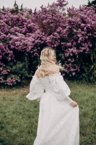 Young Blonde Girl White Wedding Dress Open Top Lilac — Zdjęcie stockowe