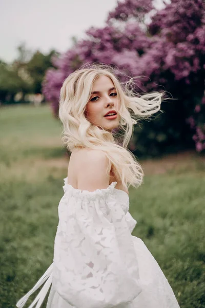 Young Blonde Girl White Wedding Dress Open Top Lilac — Zdjęcie stockowe