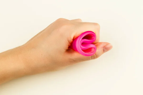 Female Hand Holding Pink Menstrual Cup Folded Fold Method Folding — Foto de Stock