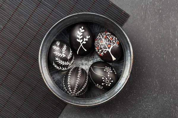 Black Monochrome Easter Greeting Card Handmade Wax Dyed Pysanka Eggs — Stock Photo, Image