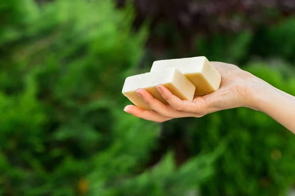 Manos Mujer Sosteniendo Jabón Orgánico Champú Sólido Sin Embalaje Sobre —  Fotos de Stock