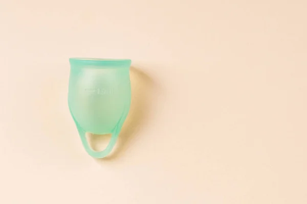 Blue Silicone Menstrual Cup Beige Pastel Background Copy Space — стоковое фото