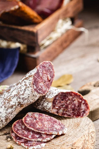 Smoked Sliced Salami Old Wooden Table Sausages Edible Mold — Foto Stock