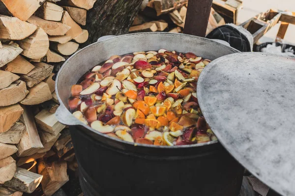 Fruit Hot Drink Cooked Big Metal Can Container Outdoors Field — Foto Stock