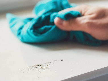 Eldivensiz erkek eli pencere pervazından tozu siler. Mavi bir bezle paspas yapmak. Oda servisi konsepti. Seçici Toza Odaklan