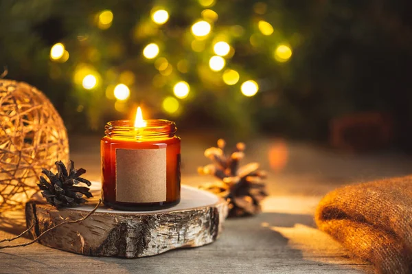 Cozy Winter Evening Card Burning Aroma Candle Dark Glass Jar — Stock Photo, Image