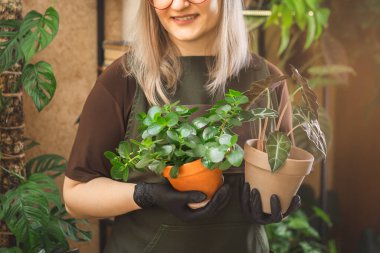 Orta yaşlı kadın bahçıvanın önlük takan ve elinde çiçek tutan gözlüklü portresi. Bitkileri sever ve onlarla ilgilenir.