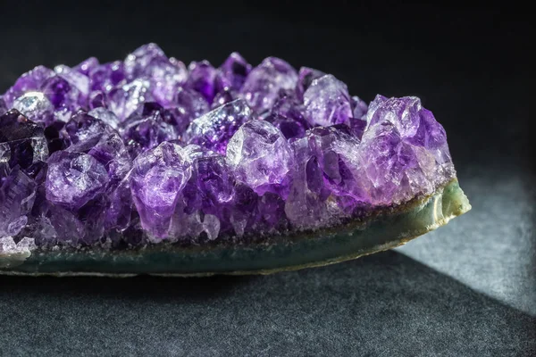 Purple Amethyst Druse Crystals Gemstone Cluster Black Background Extreme Close — Fotografia de Stock