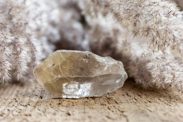 Quartz Rutile Crystal Mineral Stone Natural Wooden Background — Stock Photo, Image