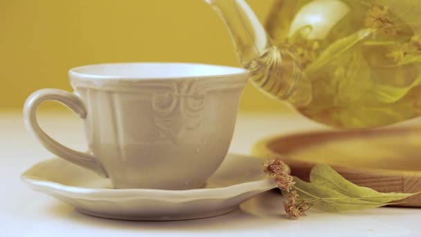 Pouring Linden Tilia Tea Tea Cup — Stock Video
