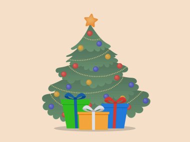 Hediye kutularıyla Noel ağacı. Mutlu Noeller ve mutlu yıllar. Vektör illüstrasyonu EPS10