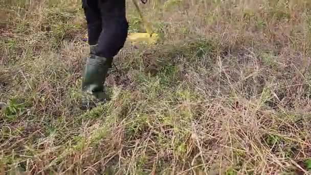 秋天的草地上 园艺师用刷子割草 用金属刀盘手工修整干草的工人 农民穿靴子 — 图库视频影像
