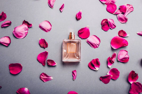 Μπουκαλάκι Άρωμα Που Περιβάλλεται Από Ροζ Ροδοπέταλα Λουλούδι Άρωμα Γκρι — Φωτογραφία Αρχείου