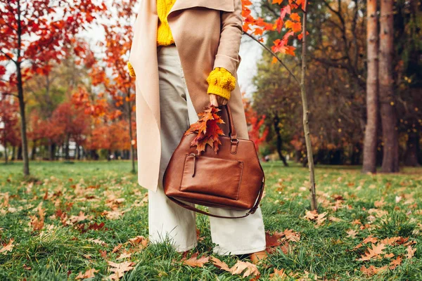 秋の公園を歩いてスタイリッシュな服やアクセサリーを身に着けているファッショナブルな女性 秋の女性服 セーター コート ハンドバッグとトレンディなフレアパンツ — ストック写真