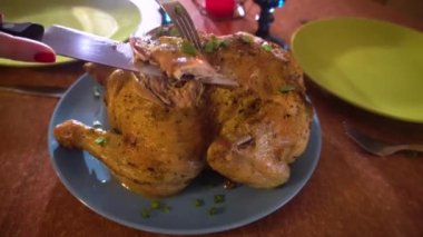 Kızarmış tavuk dilimi, tabağa bıçak konmuş hindi. Şükran Günü yemeği. Taze et.