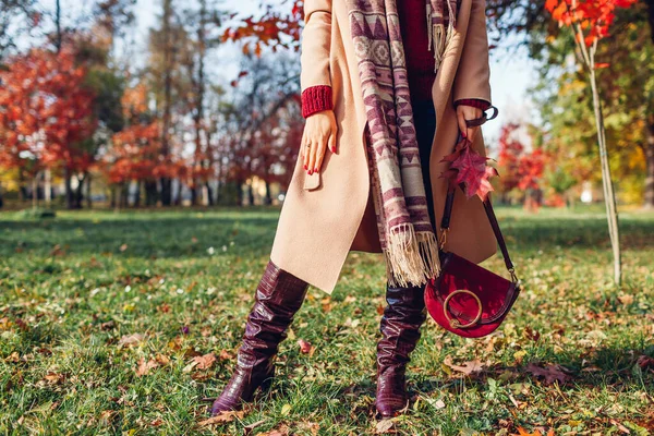Модная Женщина Стильной Одежде Обуви Аксессуарах Гуляющая Осеннему Парку Осенний — стоковое фото
