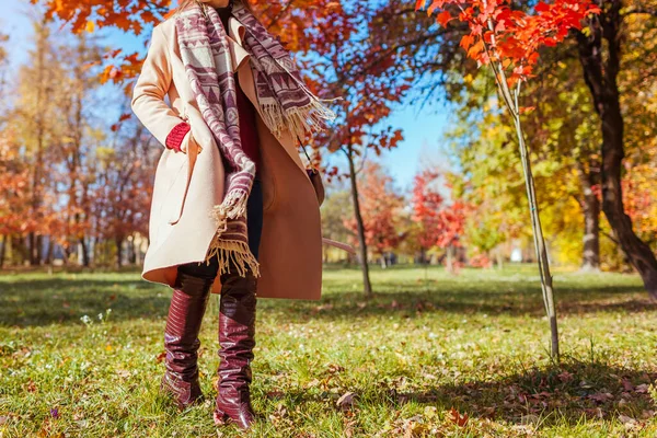 Mulher Elegante Vestindo Roupas Quentes Sapatos Acessórios Andando Parque Outono — Fotografia de Stock