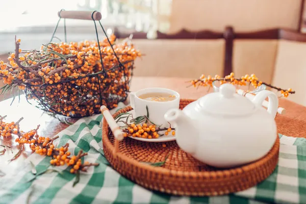 Чай з обліпиховими ягодами подається в чашці та чайнику на підносі. Здоровий гарячий напій для холодної осені та зимових днів — стокове фото