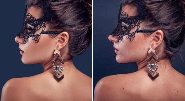 До і після ретуші в редакторі. Пліч-о-пліч красуня портрети моди жінки з макіяжем відредаговані — стокове фото