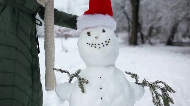 Frau Setzt Festliche Rote Weihnachtsmütze Auf Schneemann Verschneiten Winterpark Weihnachtsfeier — Stockvideo