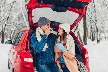 Birbirine aşık bir çift arabanın bagajında oturmuş, karlı kış ormanlarında sıcak çay içip sohbet ediyorlar. İnsanlar yolculuk sırasında dışarıda dinleniyorlar.