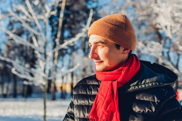 Portrait Young Man Snowy Winter Park Wearing Warm Clothes Feeling — 图库照片