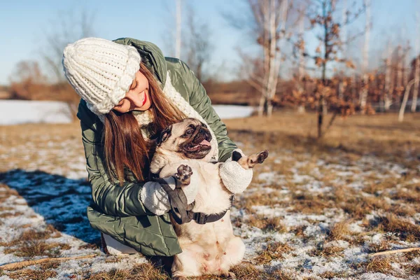 Young Woman Walking Pug Dog Snowy Winter Park Playing Pet — Photo