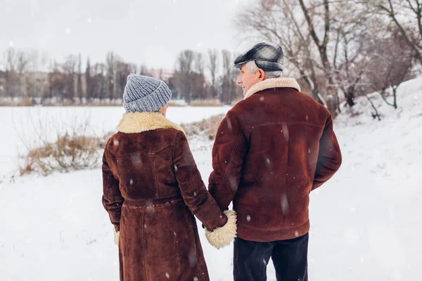 Senior Family Couple Dancing Outdoors Snowy Winter Weather Elderly People — стоковое фото