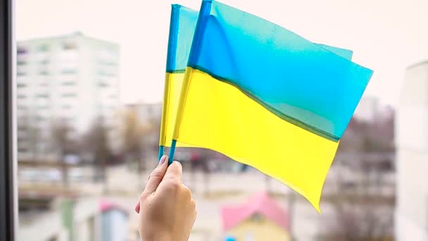 Патріот тримає український прапор на відкритому повітрі під час війни з Росією. Напад на Україну — стокове відео