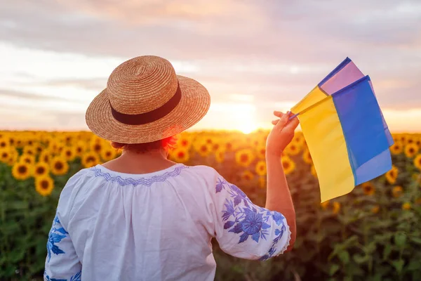 Woman Patriot Holds Yellow Blue Flags Ukraine Sunflower Summer Field — стоковое фото