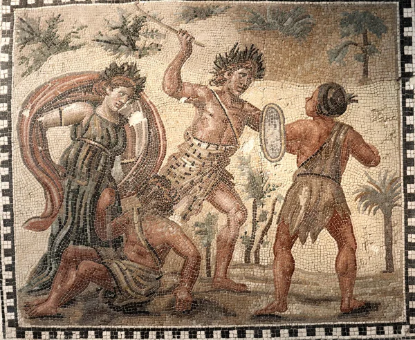 Római Mozaik Kis Polikróm Márványdarabokból Harcosokkal Harcolva — Stock Fotó