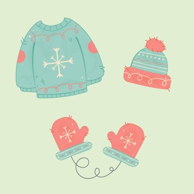 Bir dizi Noel elbisesi. Ağ ve baskı için izole çizimler. İnternet ve baskı için moda kış tatili tasarımı. Minimalist karikatür çizimleri. Kış süveteri, yeşil şapka kırmızı eldivenler..