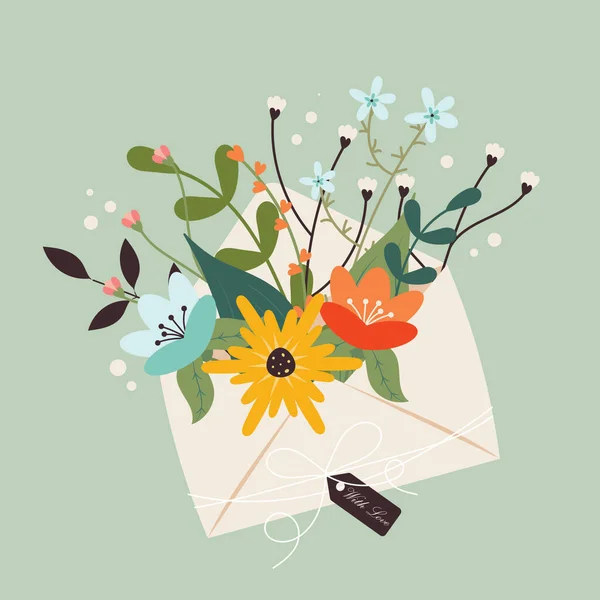 Çiçekli, el yazısıyla yazılmış bir kartpostal ve pullu bir zarf. Modern aşk ve arkadaşlık mektubu koleksiyonu. Konsept posta çizimi..