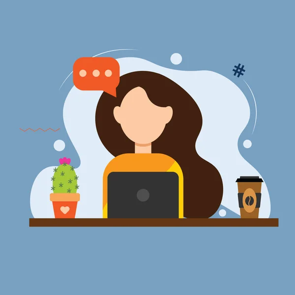 Happy girl pointing at something with fingers, working on laptop.Drinking coffee,cactus near the devices. Flat girl illustrations thinking about something.