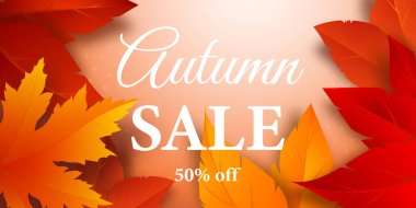 Sonbahar indirimi arka planı parlak gerçekçi sarı, kırmızı, turuncu yapraklar ve reklam indirimli metin dekorasyonu. Vektör illüstrasyonu.