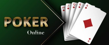 Koyu yeşil arka planda poker ve karo takımının kraliyet floşu. Kumarhane reklamcılığı, poker, kumar geçmişi. Vektör illüstrasyonu.