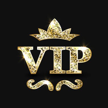 Altın parıldayan büyük taç ve siyah arka planda VIP metni. Çok önemli biri. Lüks vektör tasarımı