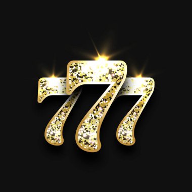 Siyah arka planda üç altın parıltılı yedili. Lüks kumarhane bayrağı. Büyük kazanan slot 777. Vektör illüstrasyonu
