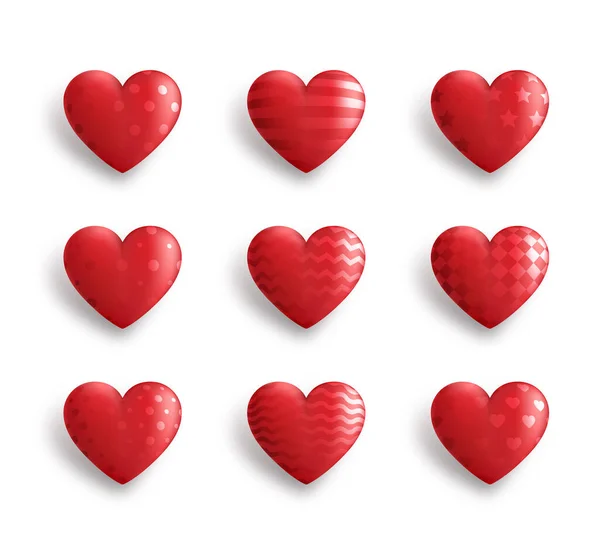 Set Von Roten Herzen Mit Verschiedenen Mustern Isoliert Auf Weißem — Stockvektor