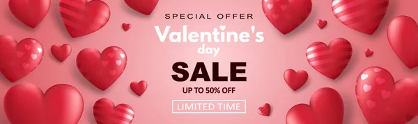 Sonderangebot Valentinstag Verkauf Banner Mit Roten Herzen Und Werbung Rabatt — Stockvektor