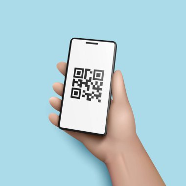 Akıllı telefonlu 3D el QR kodunu tarıyor. Vektör illüstrasyonu