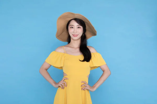 Bella Coreano Asiatico Donna Estate Abito Indossare Tessuto Cappello — Foto Stock