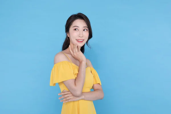 Shopping Event Concept Glimlachen Mooie Koreaanse Aziatische Vrouw Met Hand — Stockfoto