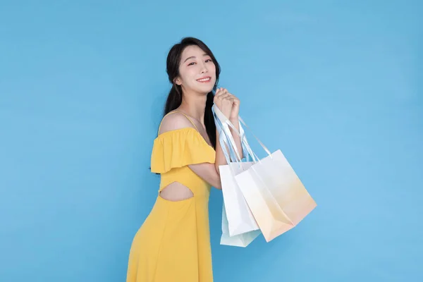 Concept Événement Commercial Belle Femme Asiatique Coréenne Avec Sac Provisions — Photo