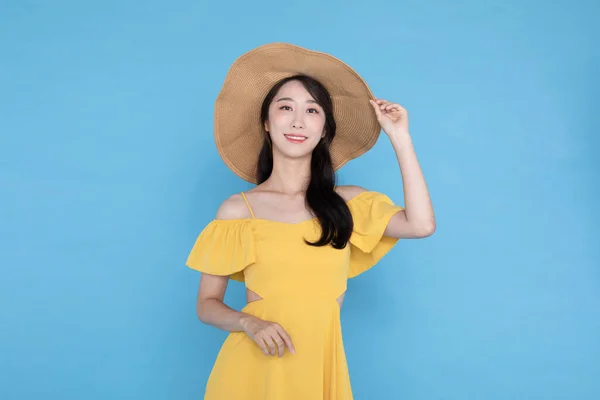 Bella Coreano Asiatico Donna Estate Abito Indossare Tessuto Cappello — Foto Stock