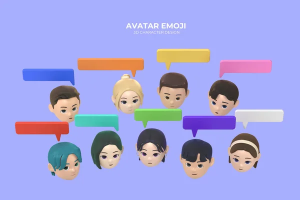 3D rendered avatar character with emotions, men and women of all ages with speech balloon