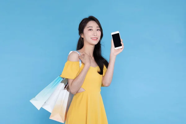 Shopping Event Concept Beautiful Korean Asian Woman Shopping Bag Smart — Stock Photo, Image