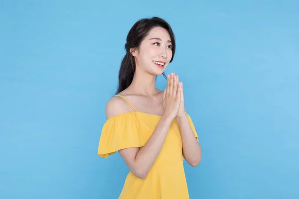 Shopping Event Concept Smiling Beautiful Korean Asian Woman Folded Hands — Stock Photo, Image