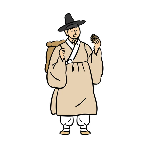 Seonbi Estudioso Coreano Com Hanbok Segurando Pinhões Hwacheon —  Vetores de Stock