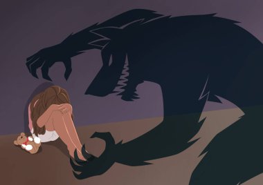 child abuse, shadow of wolf scaring child clipart